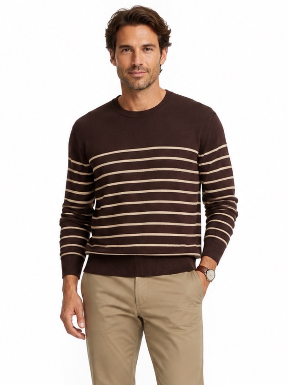 BANANA REPUBLIC Men’s 100% Merino Wool Striped Crewneck Sweater Brown L
